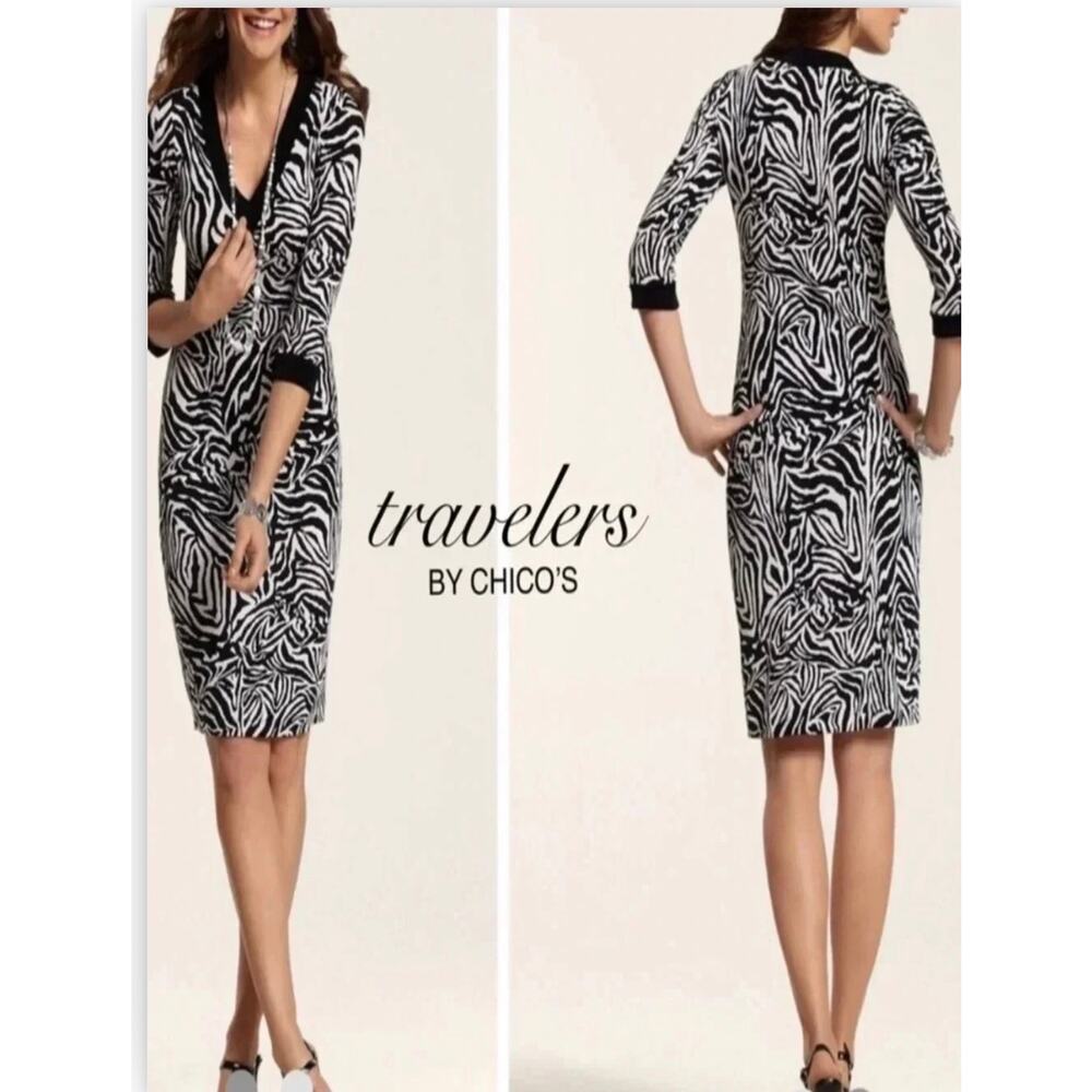 Chico's Travelers Brody Zebra Print Shift Dress Black Tan Size 1 (M) Stretch
